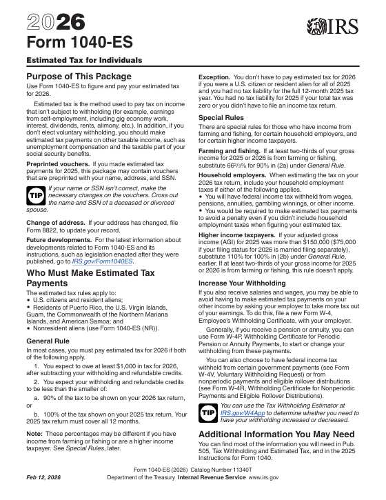 Preview of Form 1040-ES, Estimated Tax for Individuals