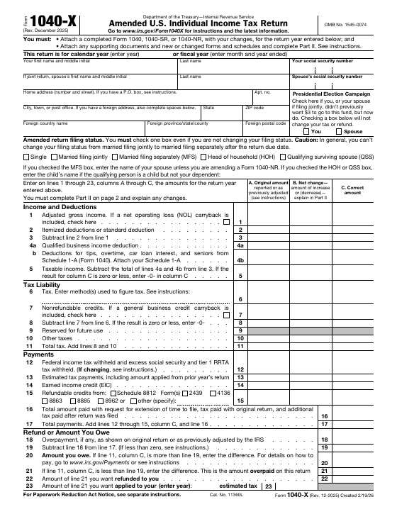 Preview of Form 1040-X, Amended U.S. Individual Income Tax Return