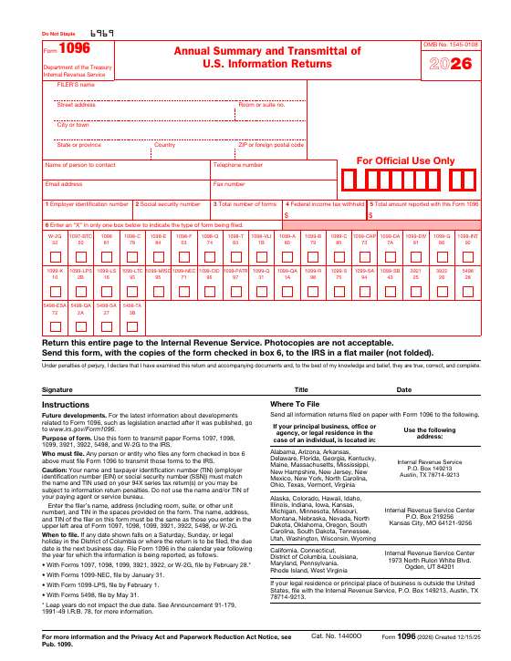 Preview of Form 1096, Annual Summary and Transmittal of U.S. Information Returns