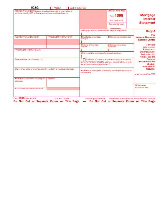 Preview of Form 1098, Mortgage Interest Statement