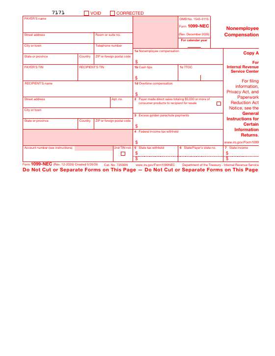 Preview of Form 1099-NEC, Nonemployee Compensation