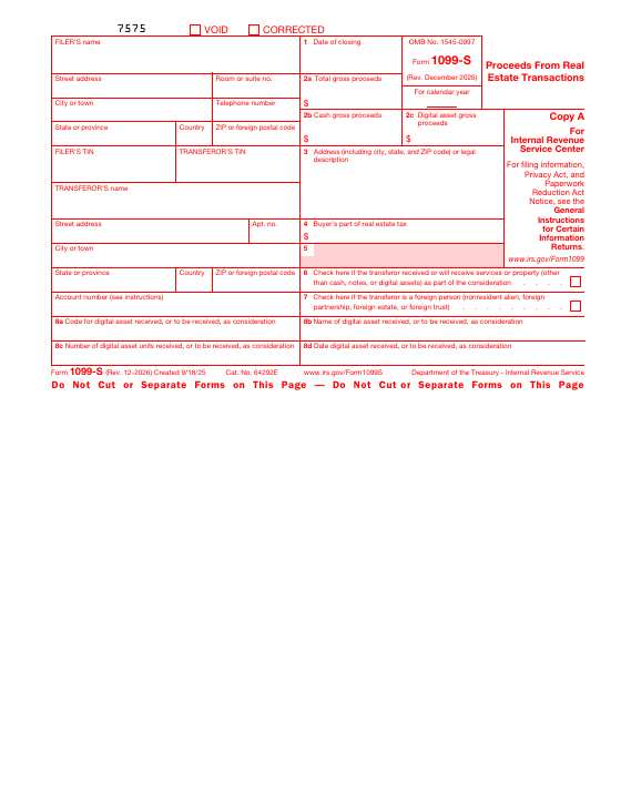 Preview of Form 1099-S, Proceeds From Real Estate Transactions