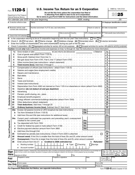 Preview of Form 1120-S, U.S. Income Tax Return for an S Corporation