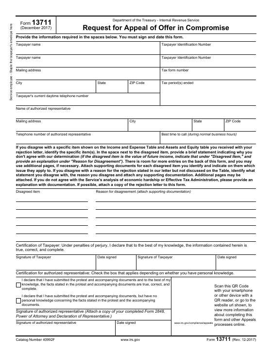 Preview of Form 13711, Request for Appeal of Offer in Compromise