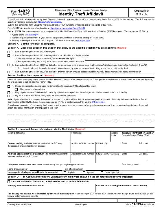 Preview of Form 14039, Identity Theft Affidavit