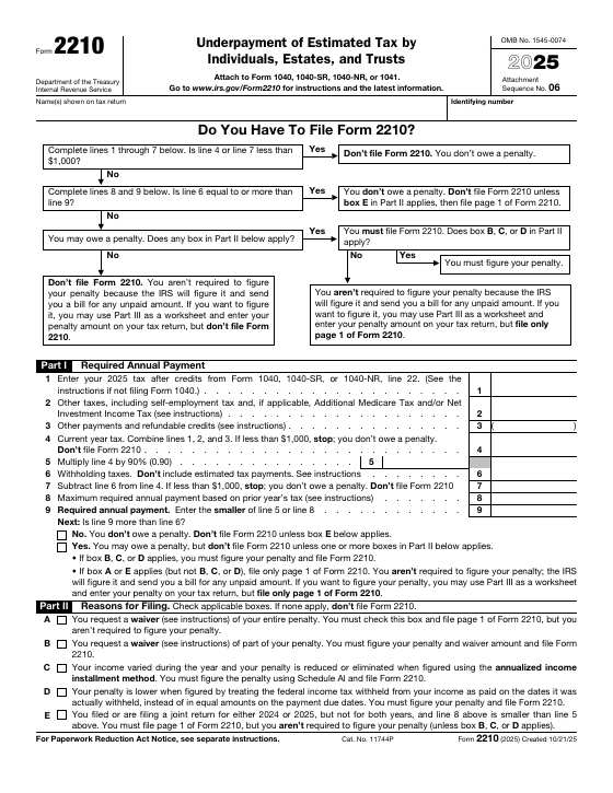 Preview of Form 2210, Underpayment of Estimated Tax by Individuals, Estates, and Trusts