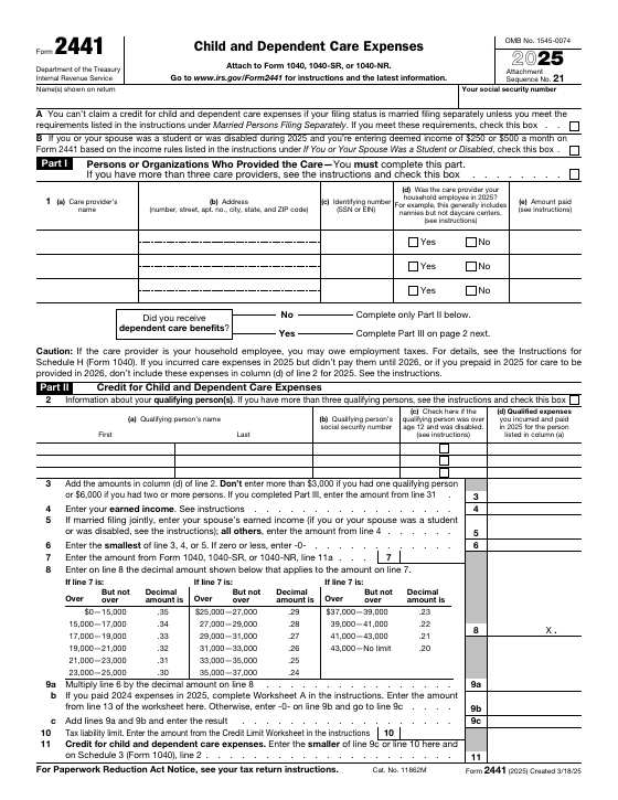 Preview of Form 2441, Child and Dependent Care Expenses
