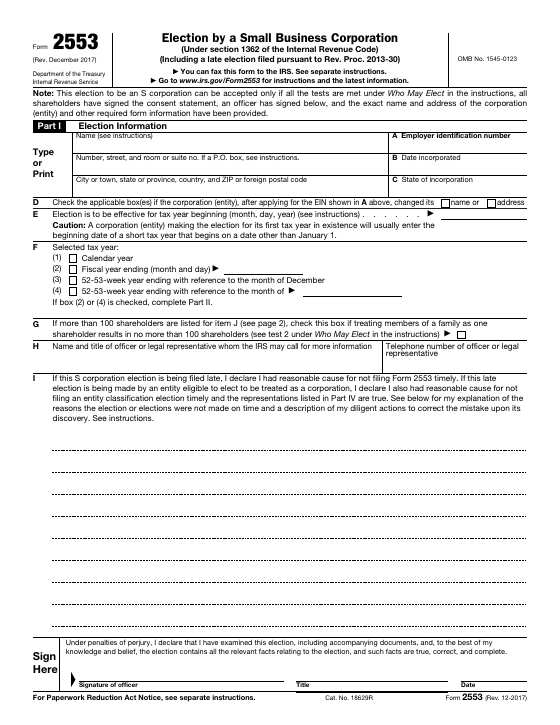 Preview of Form 2553, Election by a Small Business Corporation