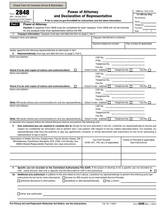 Preview of Form 2848, Power of Attorney and Declaration of Representative