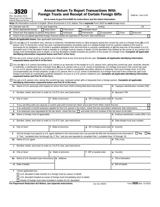 Preview of Form 3520, Annual Return To Report Transactions With Foreign Trusts and Receipt of Certain Foreign Gifts