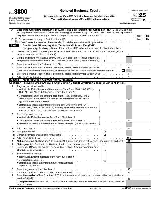 Preview of Form 3800, General Business Credit