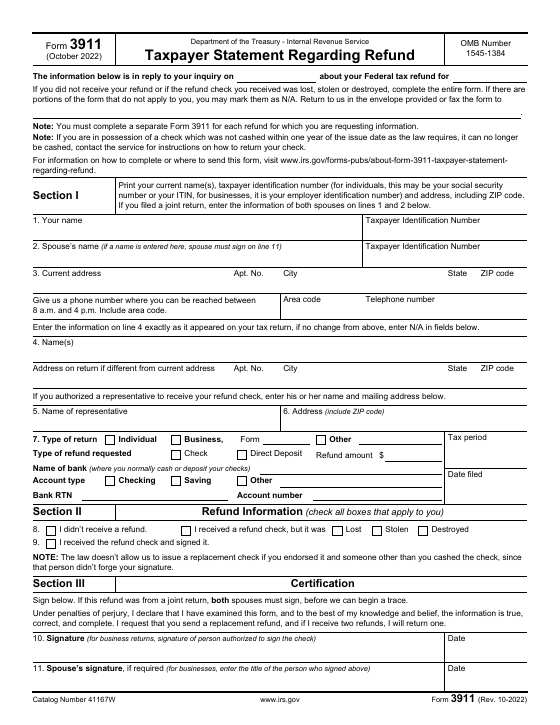 Preview of Form 3911, Taxpayer Statement Regarding Refund