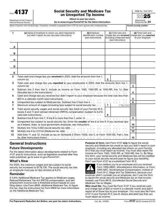 Preview of Form 4137, Social Security and Medicare Tax on Unreported Tip Income