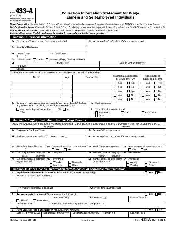 Preview of Form 433-A, Collection Information Statement for Wage Earners and Self-Employed Individuals