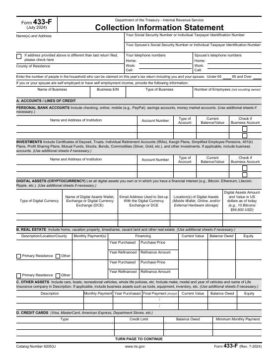 Preview of Form 433-F, Collection Information Statement