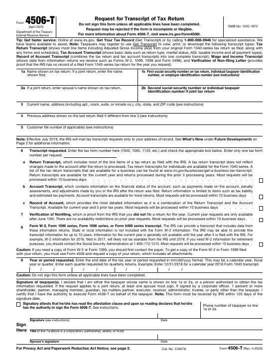 Preview of Form 4506-T, Request for Transcript of Tax Return