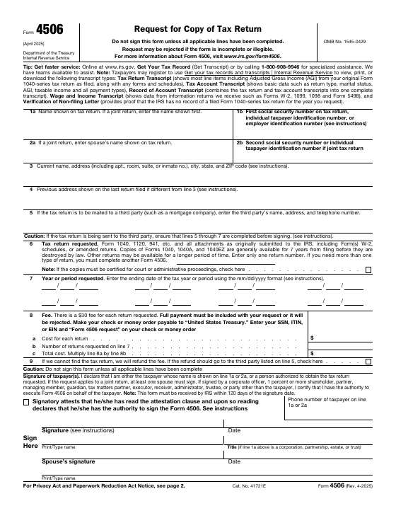 Preview of Form 4506, Request for Copy of Tax Return