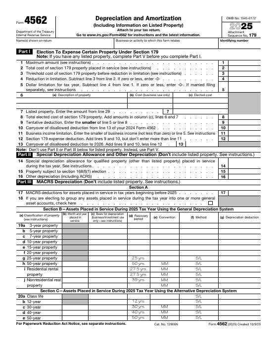 Preview of Form 4562, Depreciation and Amortization (Including Information on Listed Property)