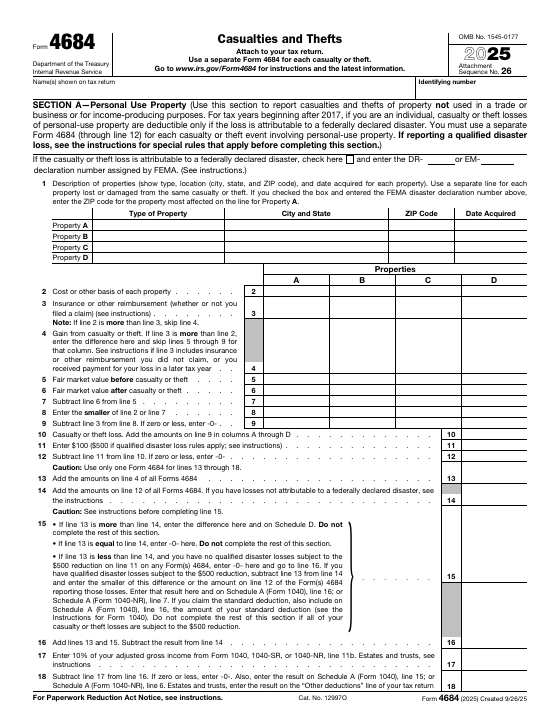 Preview of Form 4684, Casualties and Thefts
