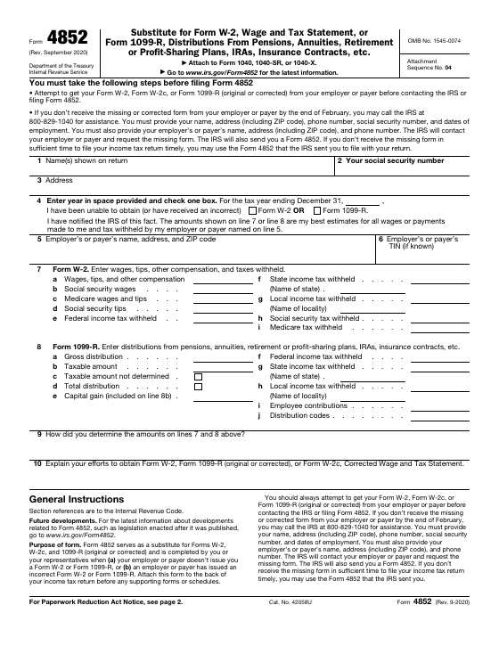 Preview of Form 4852, Substitute for Form W-2, Wage and Tax Statement, or Form 1099-R