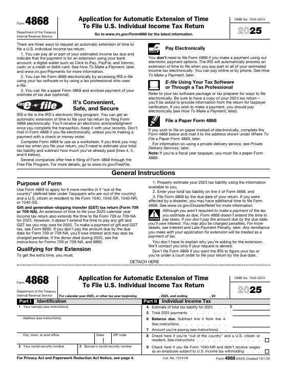 Preview of Form 4868, Application for Automatic Extension of Time To File U.S. Individual Income Tax Return