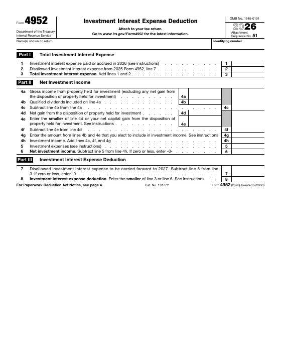 Preview of Form 4952, Investment Interest Expense Deduction