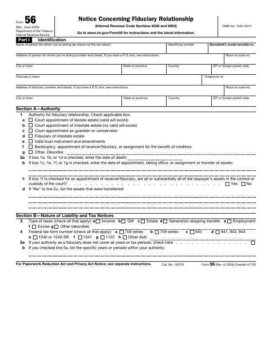 Preview of Form 56, Notice Concerning Fiduciary Relationship