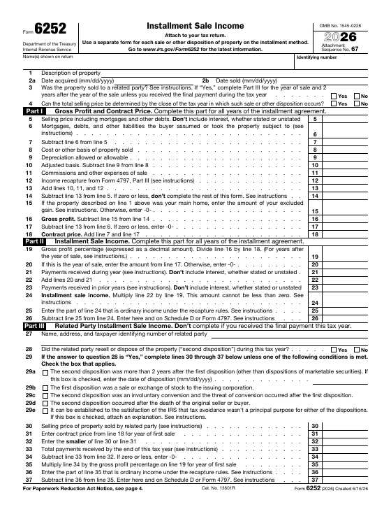 Preview of Form 6252, Installment Sale Income