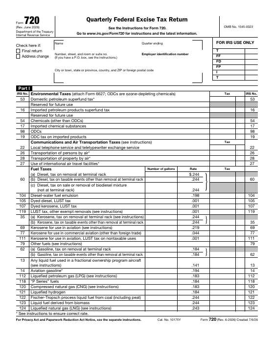 Preview of Form 720, Quarterly Federal Excise Tax Return