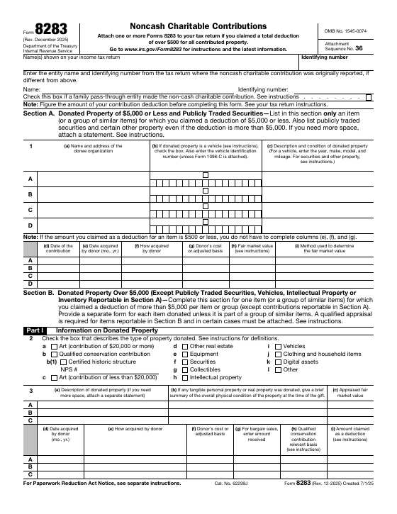 Preview of Form 8283, Noncash Charitable Contributions