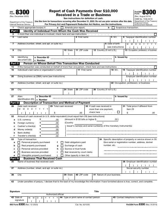 Preview of Form 8300, Report of Cash Payments Over $10,000 Received in a Trade or Business