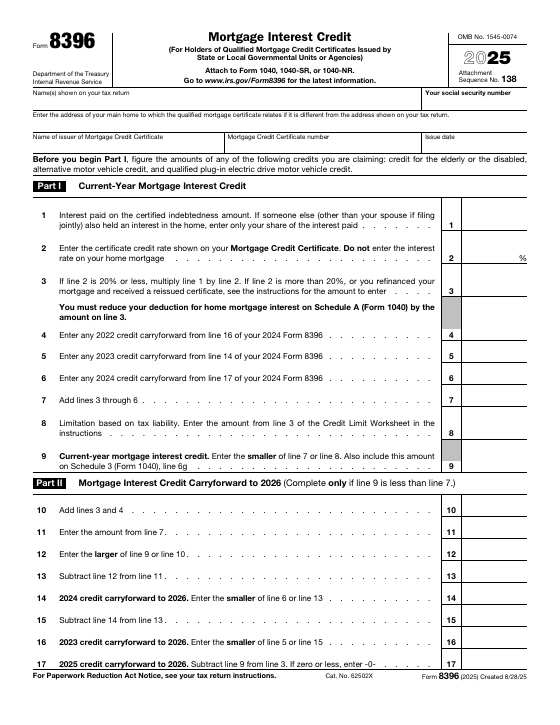 Preview of Form 8396, Mortgage Interest Credit (For Holders of Qualified Mortgage Credit Certificates)