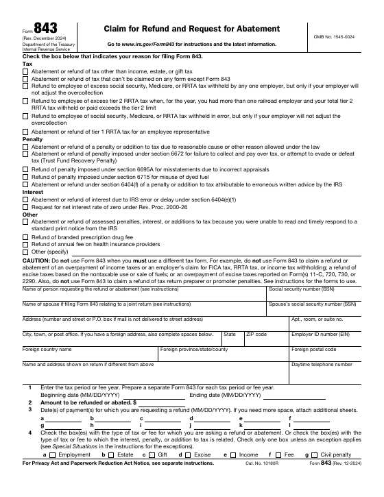 Preview of Form 843, Claim for Refund and Request for Abatement