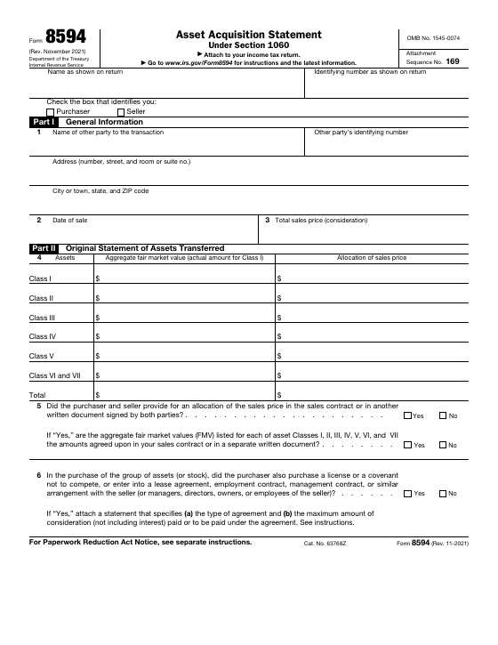 Preview of Form 8594, Asset Acquisition Statement Under Section 1060