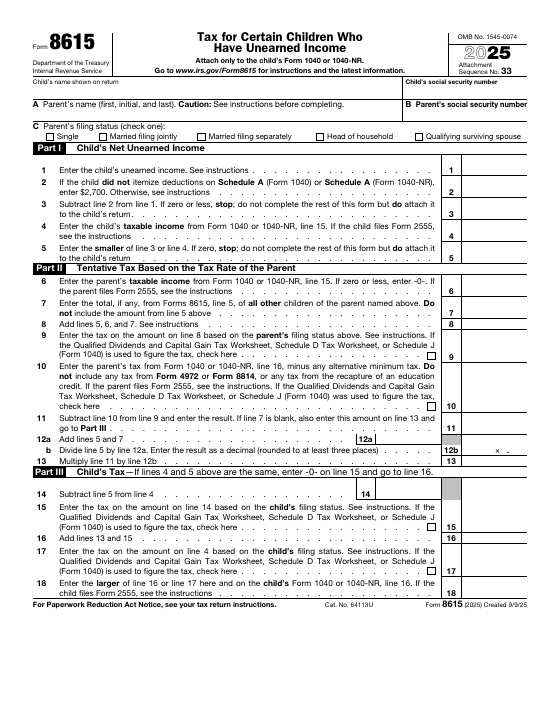 Preview of Form 8615, Tax for Certain Children Who Have Unearned Income