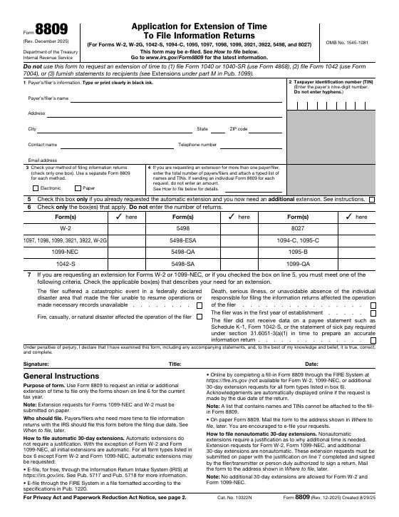 Preview of Form 8809, Application for Extension of Time To File Information Returns