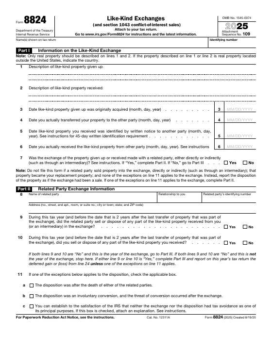 Preview of Form 8824, Like-Kind Exchanges