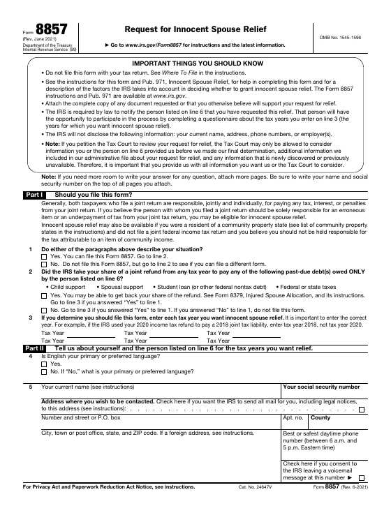 Preview of Form 8857, Request for Innocent Spouse Relief