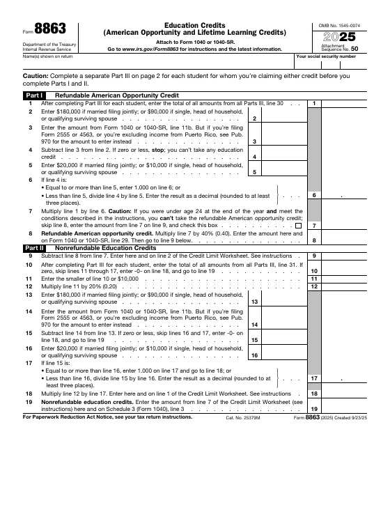 Preview of Form 8863, Education Credits (American Opportunity and Lifetime Learning Credits)