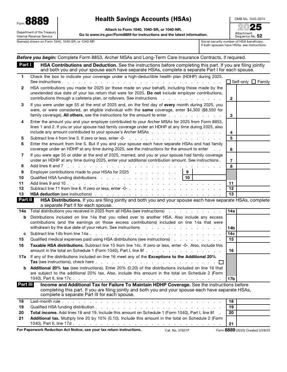 Preview of Form 8889, Health Savings Accounts (HSAs)
