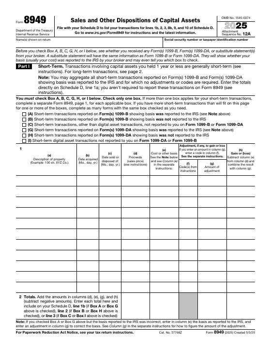 Preview of Form 8949, Sales and Other Dispositions of Capital Assets