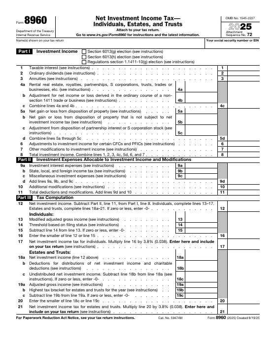 Preview of Form 8960, Net Investment Income Tax - Individuals, Estates, and Trusts