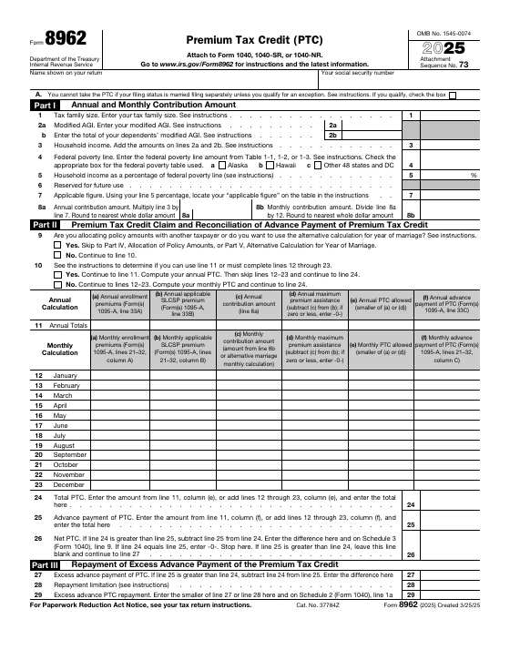 Preview of Form 8962, Premium Tax Credit (PTC)