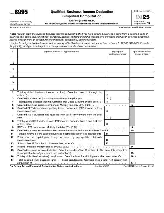 Preview of Form 8995, Qualified Business Income Deduction Simplified Computation