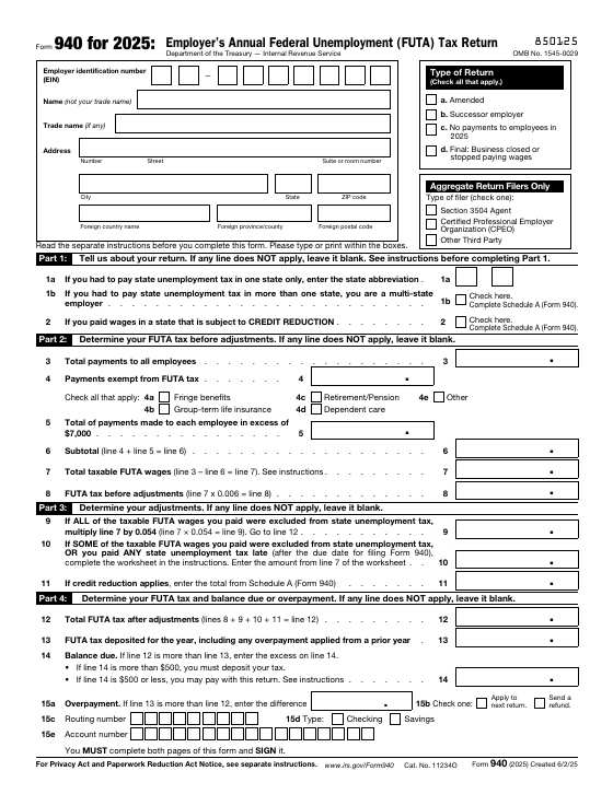 Preview of Form 940, Employer's Annual Federal Unemployment (FUTA) Tax Return