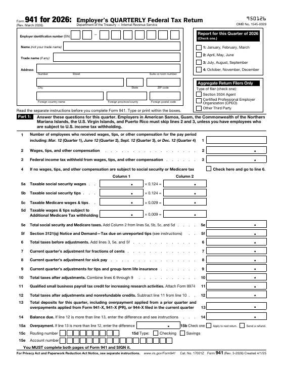 Preview of Form 941, Employer's QUARTERLY Federal Tax Return