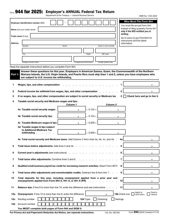 Preview of Form 944, Employer's ANNUAL Federal Tax Return