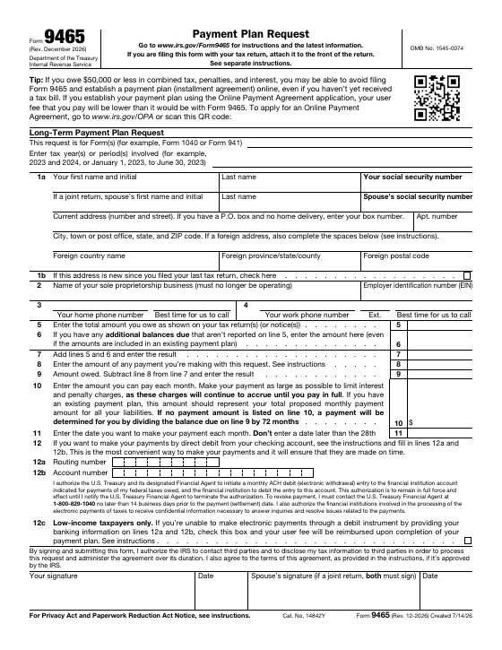 Preview of Form 9465, Payment Plan Request