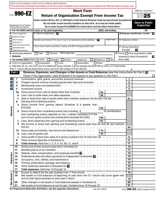 Preview of Form 990-EZ, Short Form Return of Organization Exempt From Income Tax