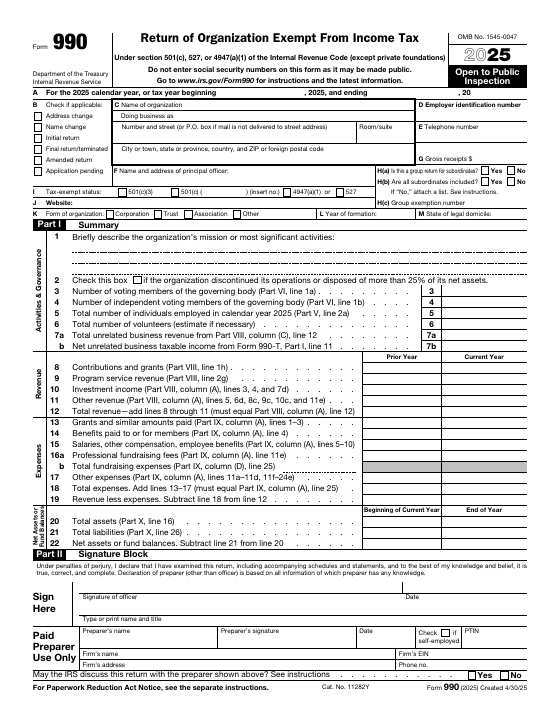 Preview of Form 990, Return of Organization Exempt From Income Tax